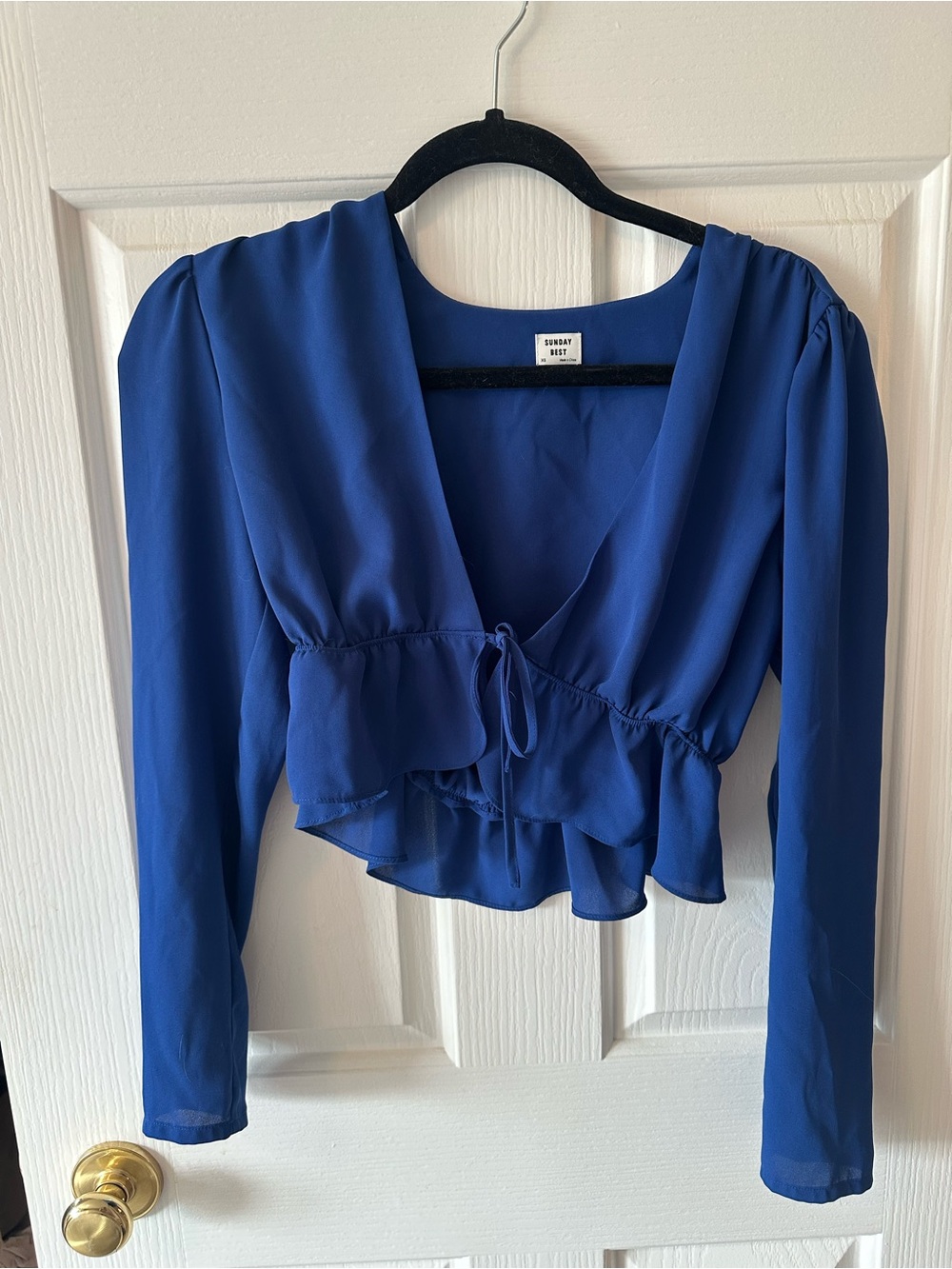 Sunday Best Cobalt Blue V-Neck Ruffle Tie-Front Blouse